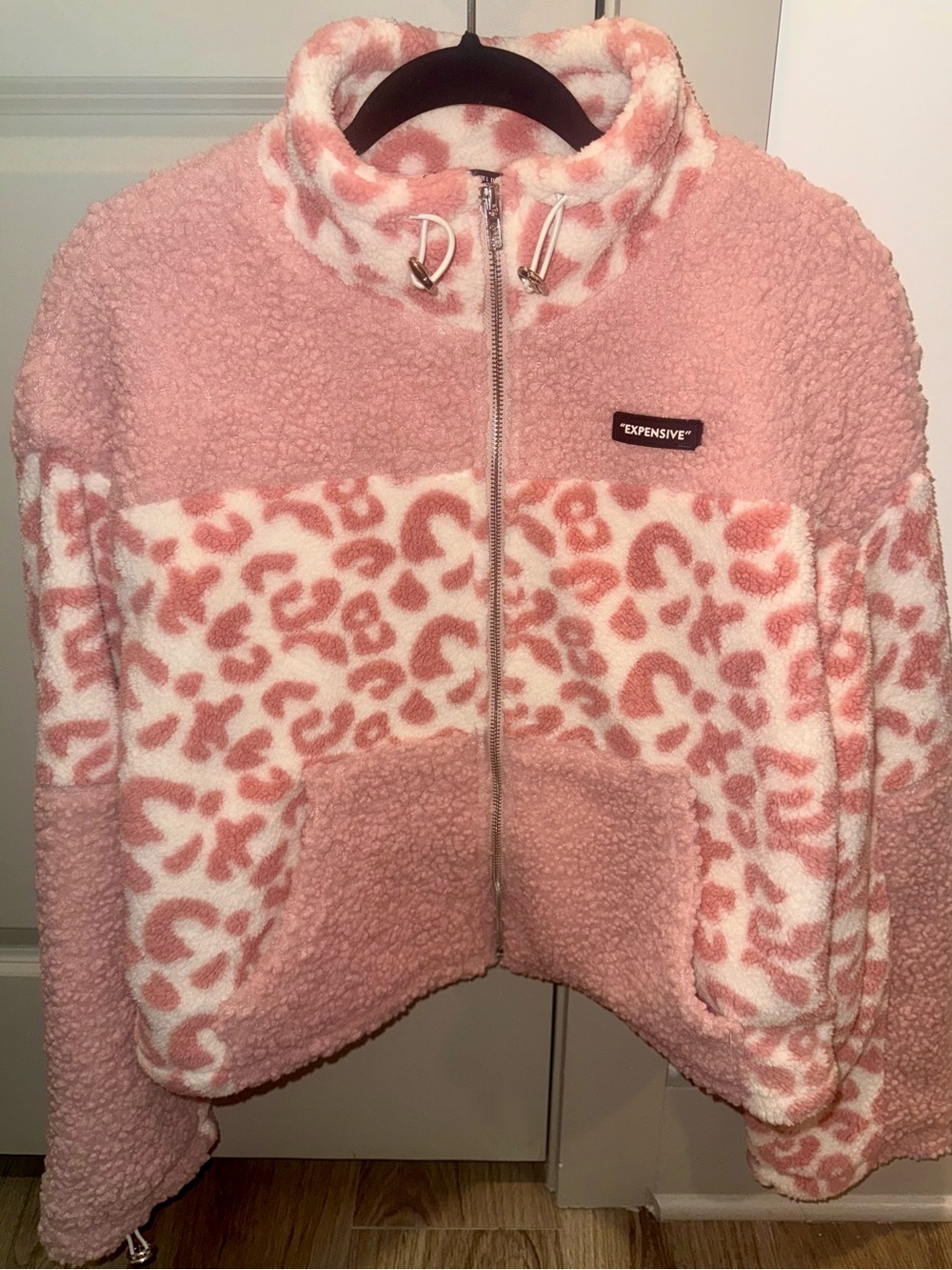 Pink Sherpa Zip-Up Jacket with Leopard Print